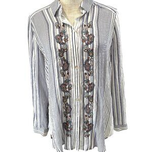 Chicos Striped Button-Up Tunic Shirt With Paisley Embroidery Front & Back Size 8